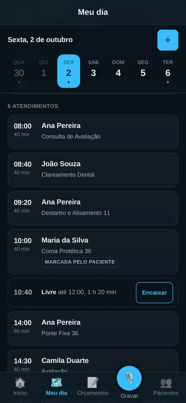 Agenda do dia no celular, com as consultas em lista