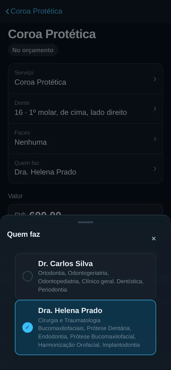 Tela real no celular: um item tocado, com as opções de quem faz