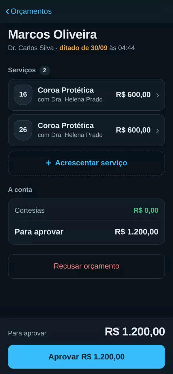 Ditado da consulta no celular: o dentista fala o que fez e a lista sai anotada