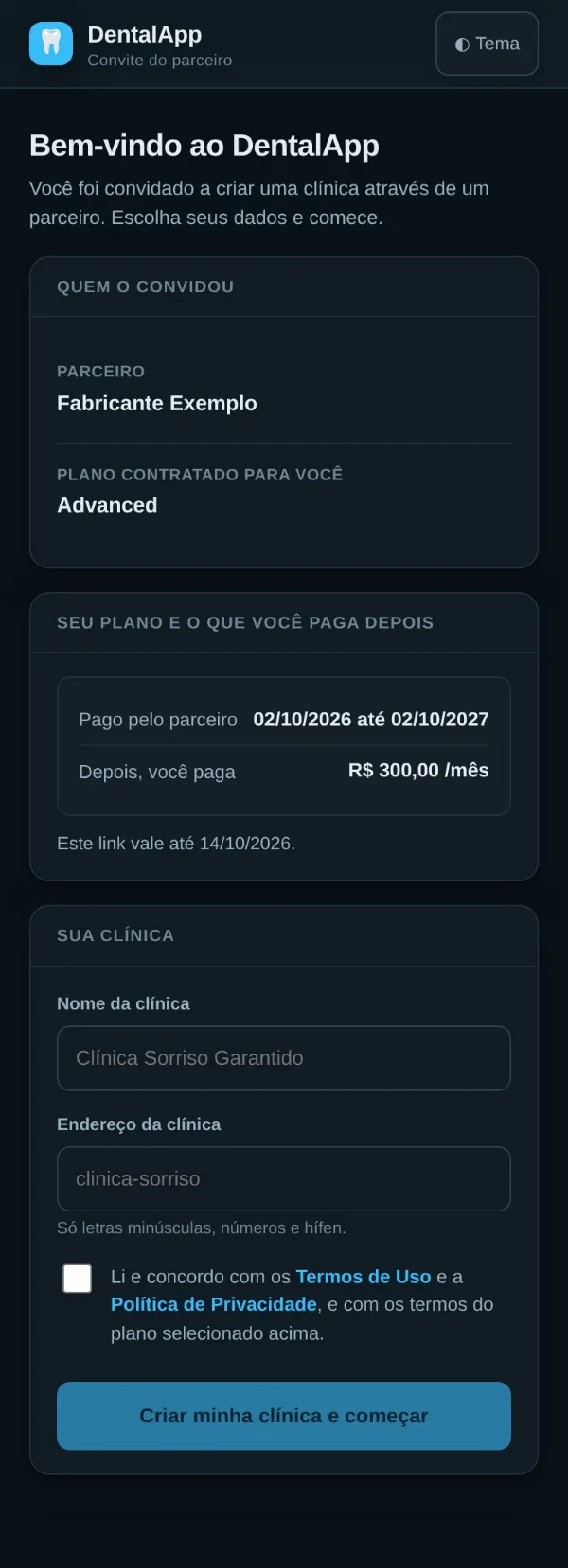 Tela do convite no celular do dentista: quem convidou, até quando está pago pelo parceiro, e os campos para criar a clínica