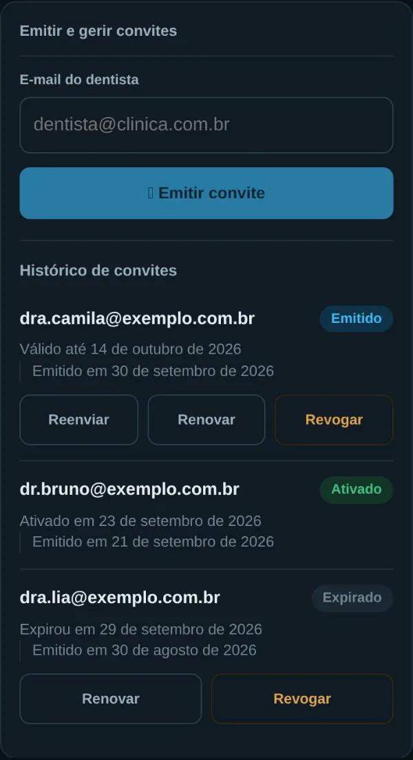 Portal do parceiro no celular: campo do e-mail do dentista, botão Emitir convite e o histórico com convites emitido, ativado e expirado