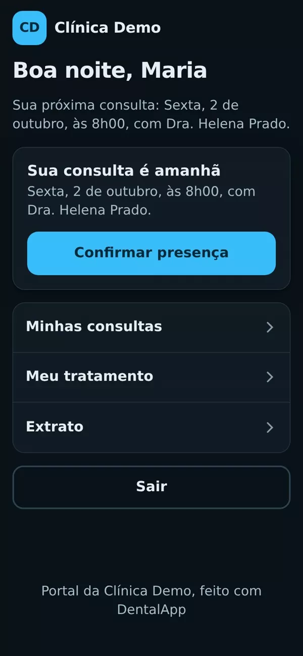 Portal do paciente no celular: a próxima consulta com o botão para confirmar presença