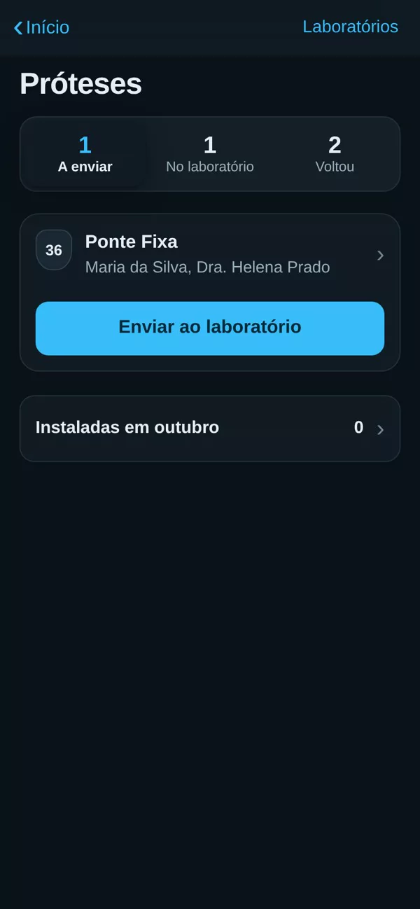 Tela real no celular: próteses a enviar, no laboratório e que voltaram