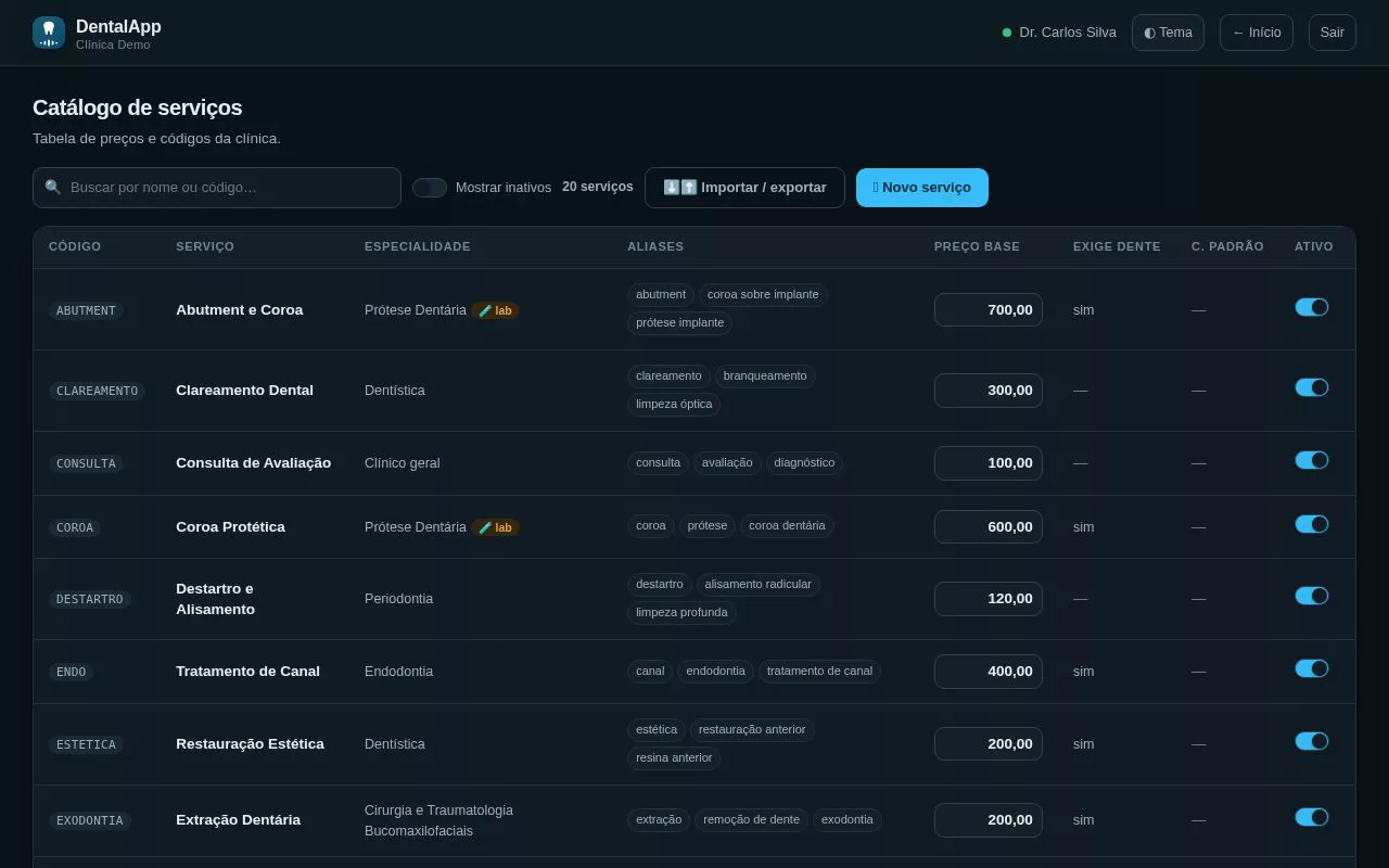 Tela real no computador: a tabela de serviços com os preços
