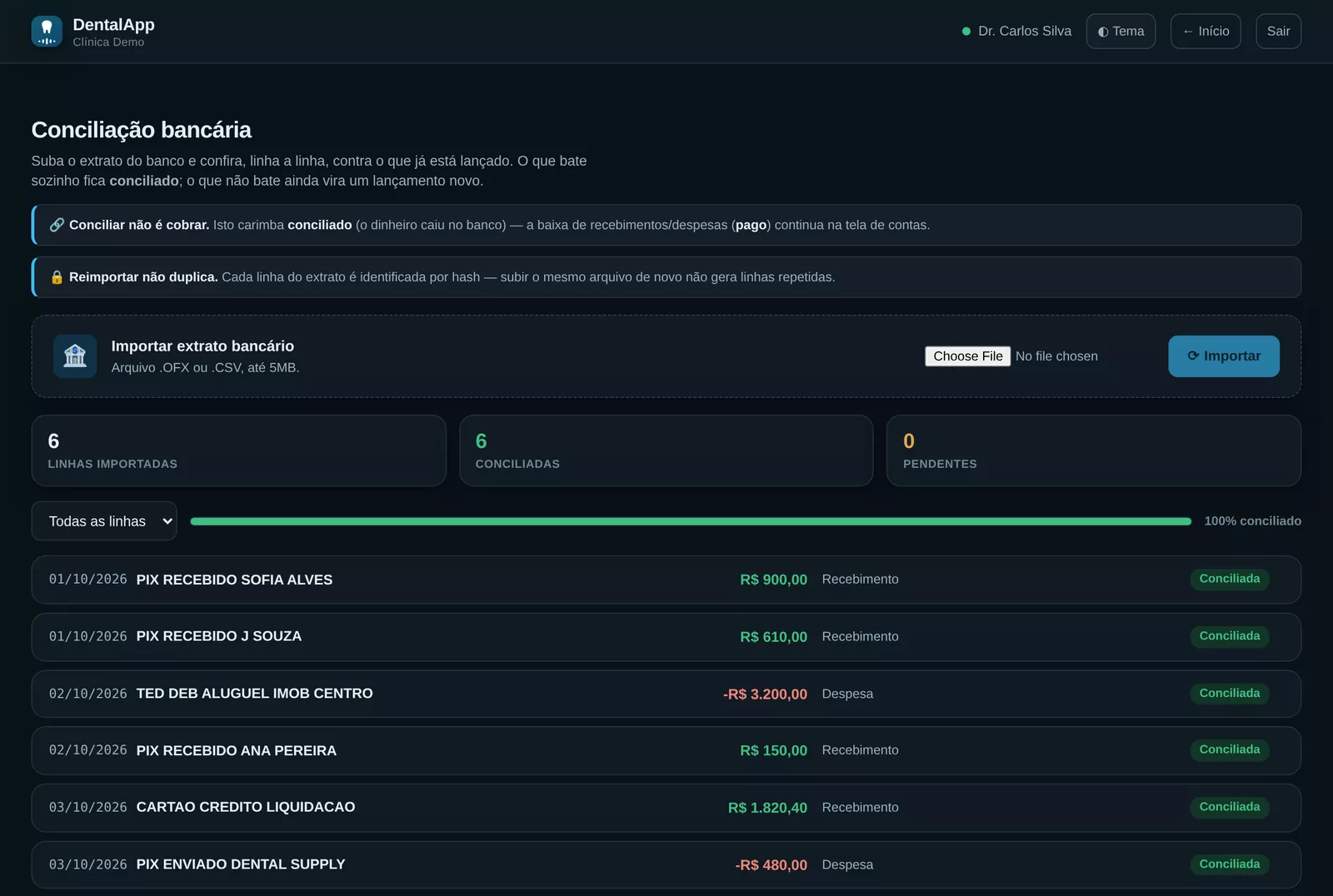 Tela real no computador: o extrato do banco conferido com as contas