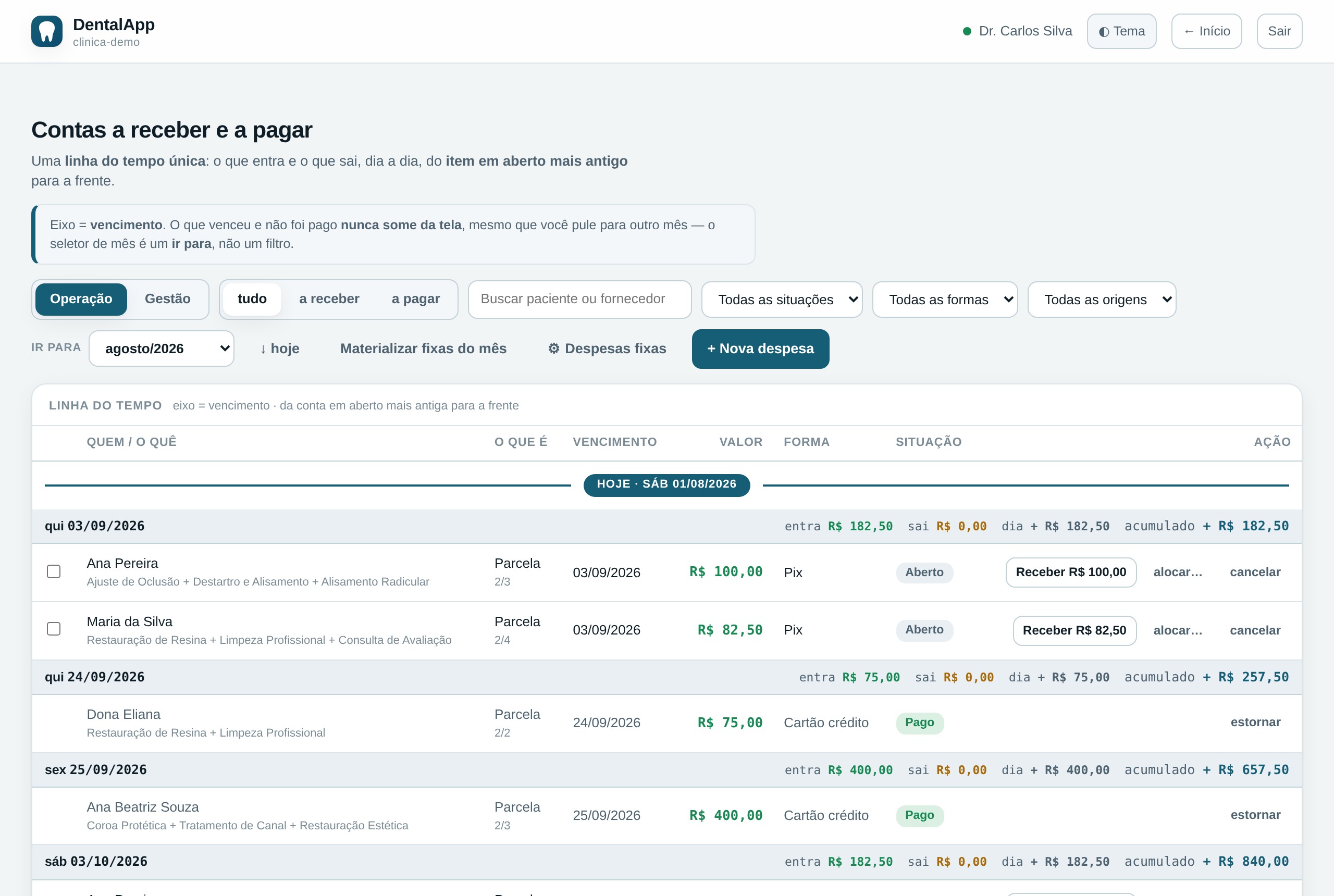Tela real: contas a pagar e receber