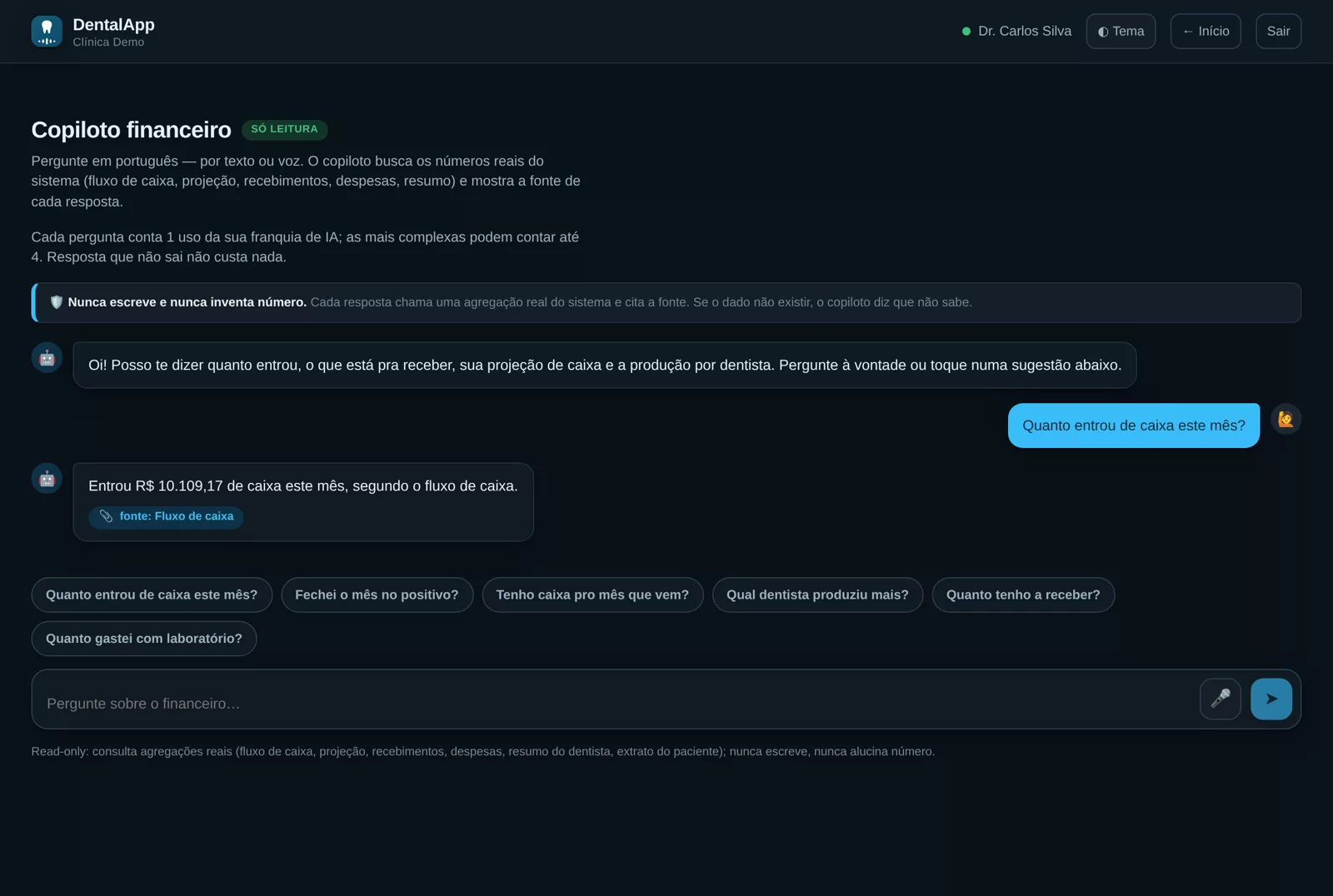 Tela real no computador: o copiloto respondendo uma pergunta sobre o financeiro
