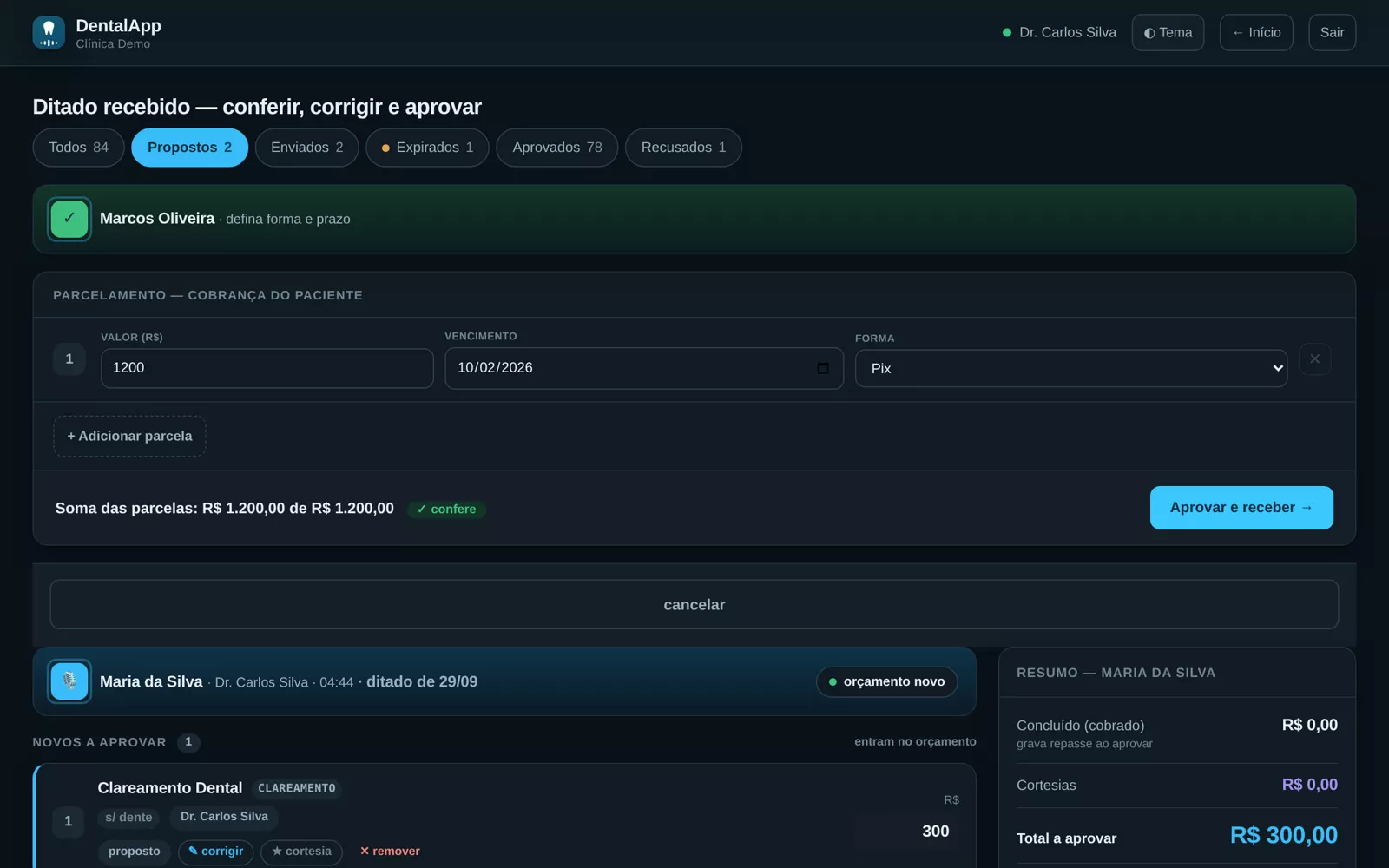 Tela real no computador: orçamento aprovado de Maria da Silva com o total e o pagamento