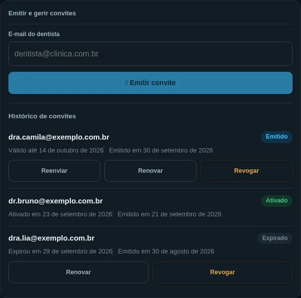 Portal do parceiro no computador: emitir convite e o histórico com reenviar, renovar e revogar