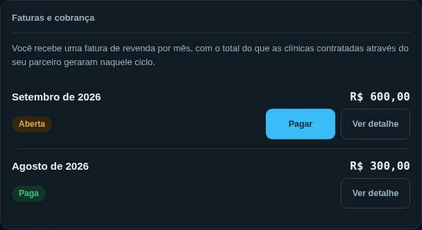 Faturas do parceiro por mês, uma aberta com o botão Pagar e uma paga