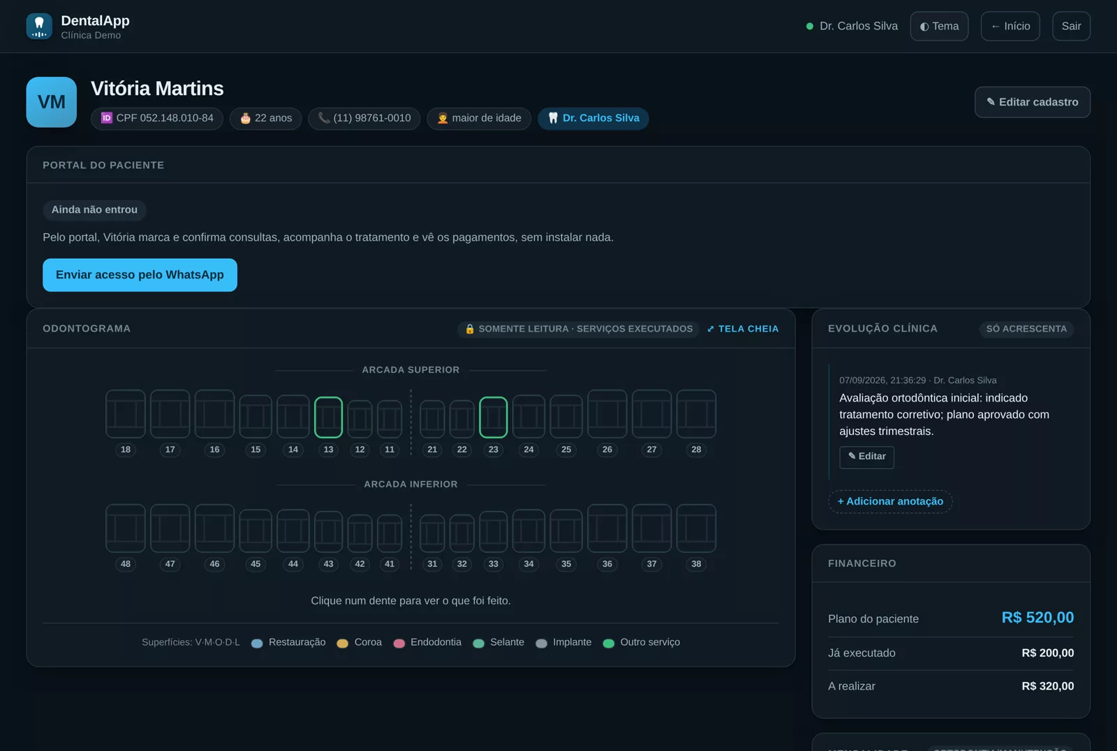 Tela real no computador: o prontuário do paciente