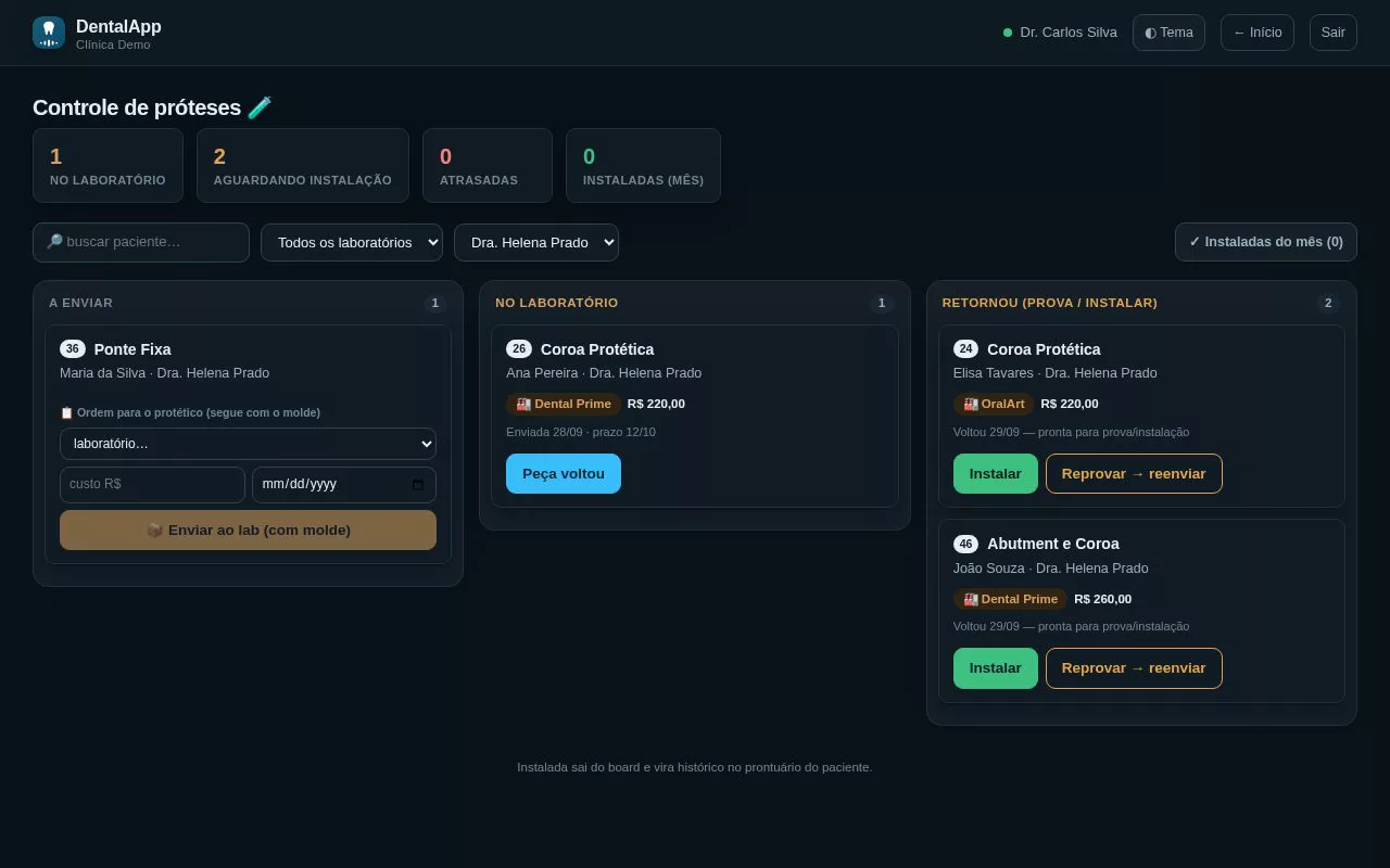 Tela real no computador: próteses em três colunas — a enviar, no laboratório, retornou