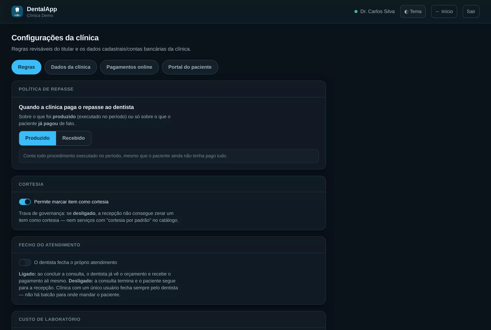 Tela real no computador: o repasse por dentista