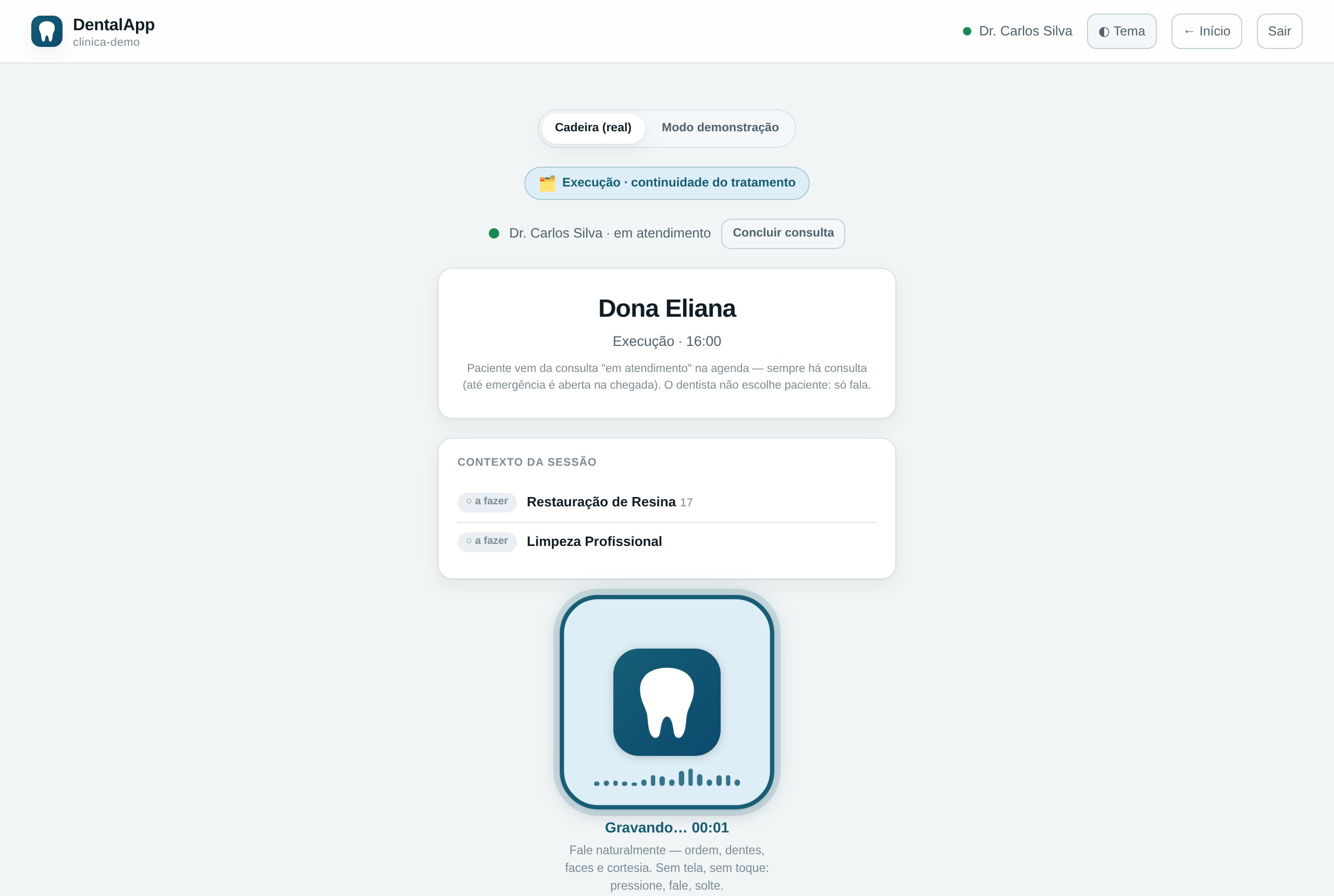 Tela real: ditado hands-free do dentista